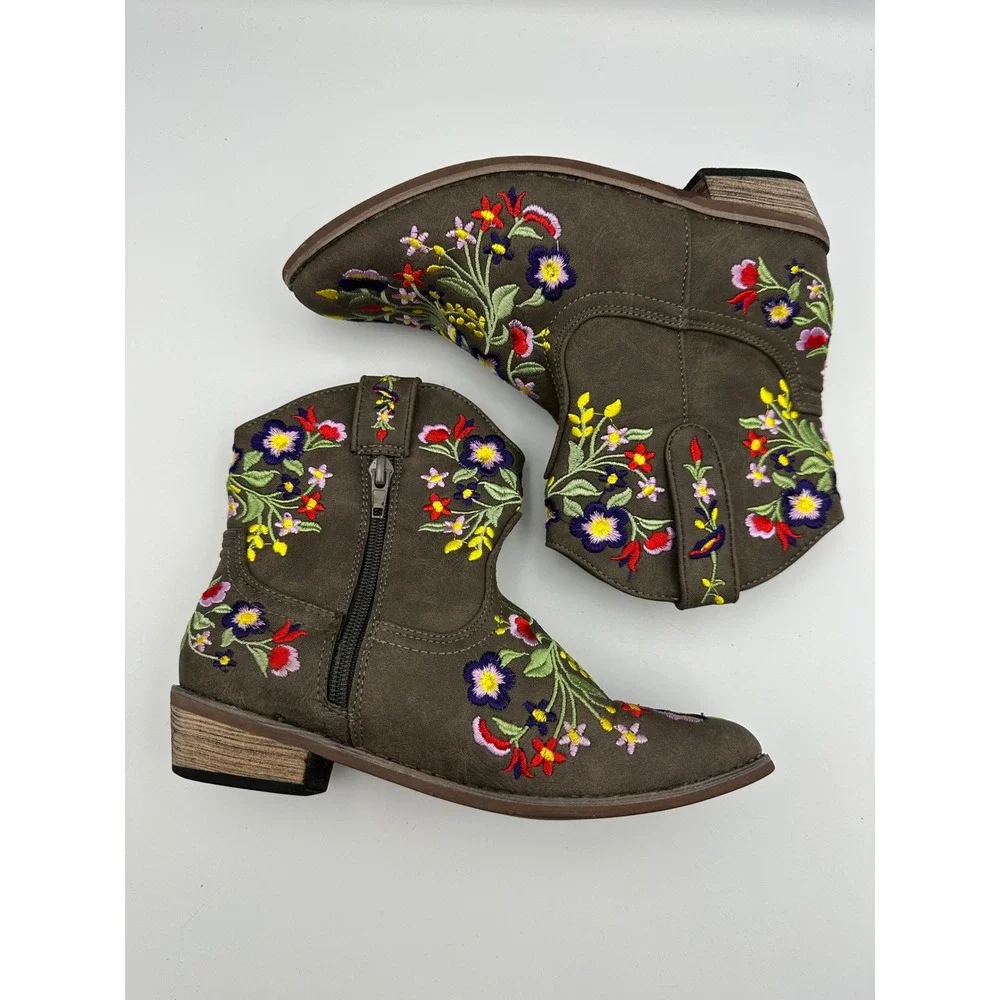 Betseyville Reece Floral Embroidered Cowboy Boots Youth Girls Sz 3 Stone Vibrant